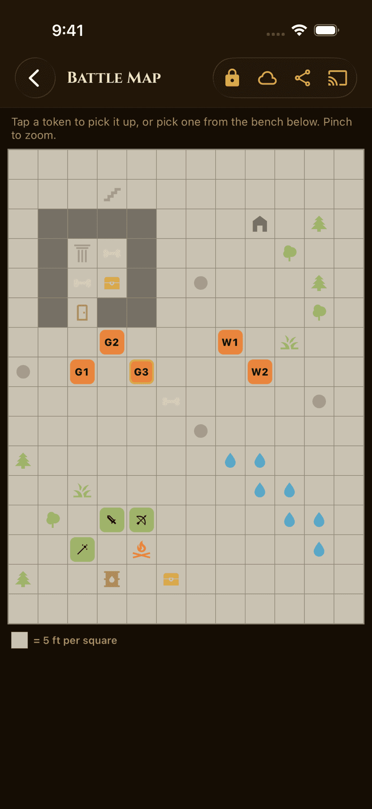 MythForge battle map for a D&D 5e encounter on a snow-covered five-foot grid: a ruined stone crypt, a house, trees, water, and a campfire, with party tokens marked by class icons facing goblin and wolf tokens