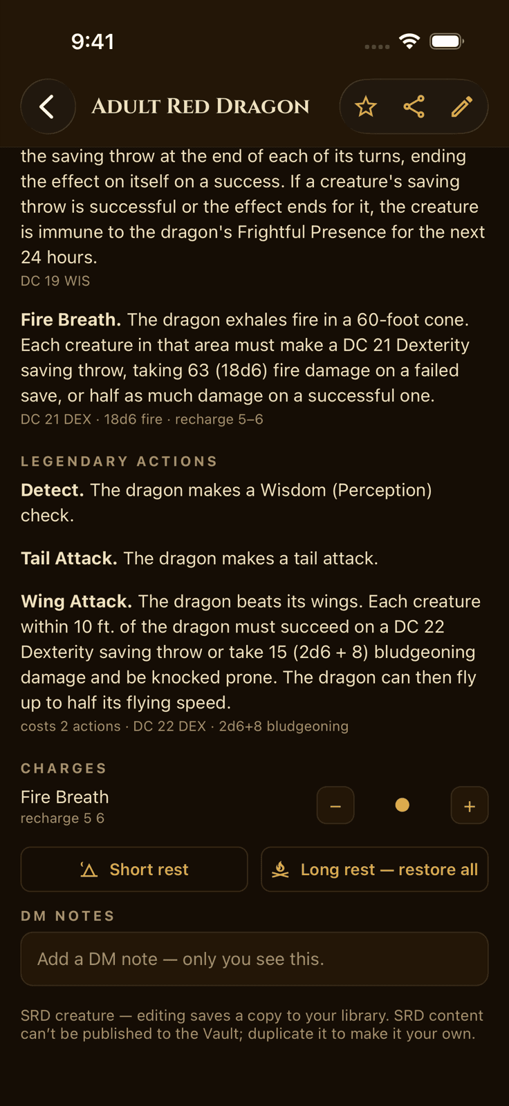 MythForge full D&D 5e stat block for an adult red dragon with Fire Breath, legendary actions, recharge charges, and rest controls, searchable offline