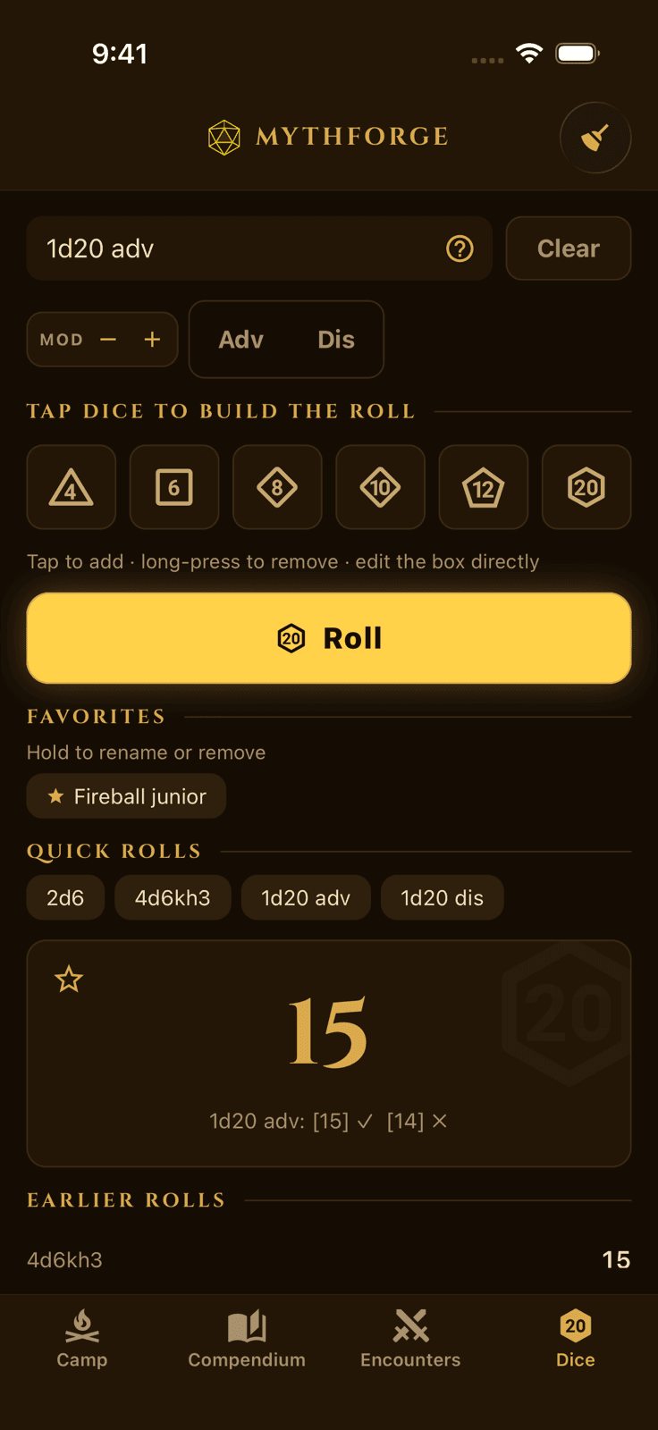 MythForge digital dice roller for D&D with d20, advantage and disadvantage, a tap-to-build dice tray, favorites, and roll history