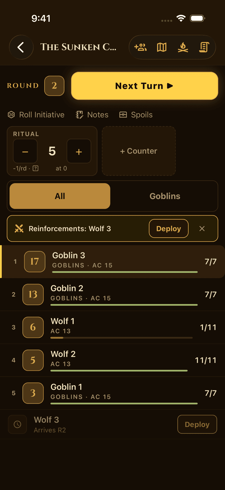 MythForge, the Game Master's combat tracker, running a D&D encounter: initiative order, hit point bars, and next turn