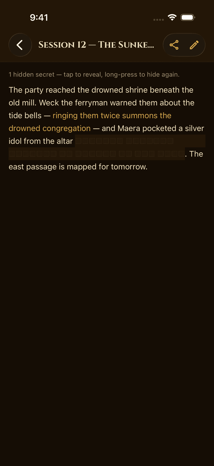 MythForge campaign notes for Game Masters with tap-to-reveal hidden secrets in a session recap