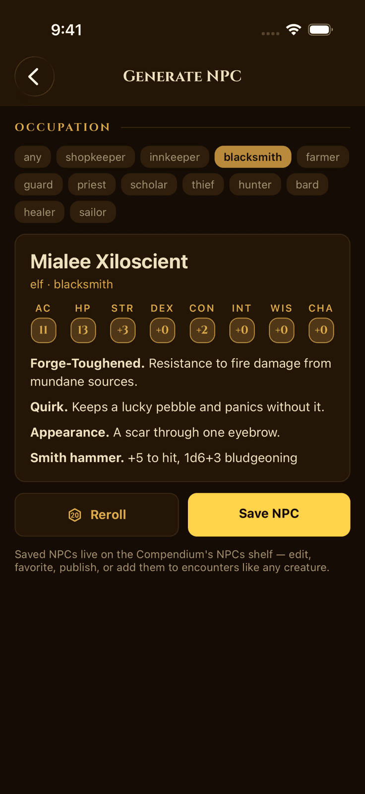 MythForge NPC generator for D&D with the occupation “blacksmith” pinned, showing a generated elf blacksmith: ability scores, a trait, a roleplaying quirk, and an attack
