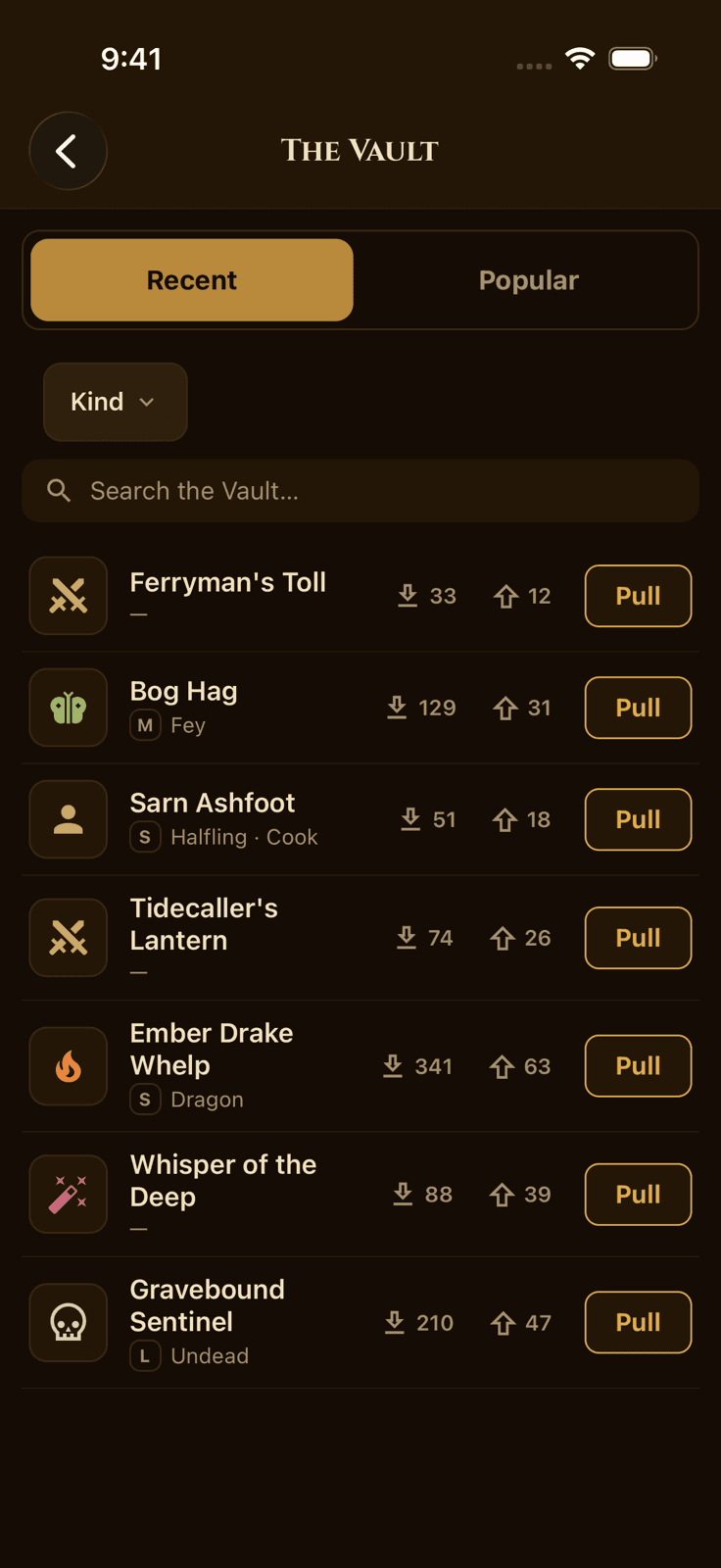 The MythForge Vault: monsters, NPCs, items, and spells published by other Game Masters, with a preview and upvote before pulling one into your library